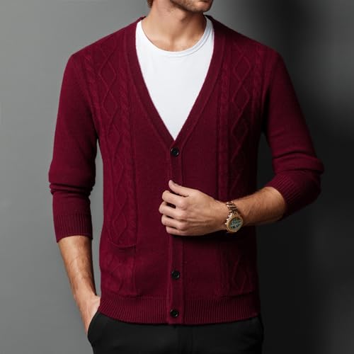 Mens Twisted Knit Cardigan Sweater 100% Wool V Neck Casual Button Down Sweaters Long Sleeve Fall Outwear with Pockets3