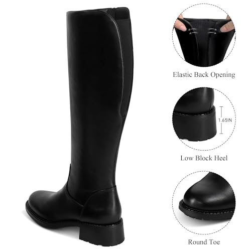 USIMAD Women's Knee High Boots Low Chunky Heel Side Zipper Comfortable Wide Calf Riding Long Boots for Women2
