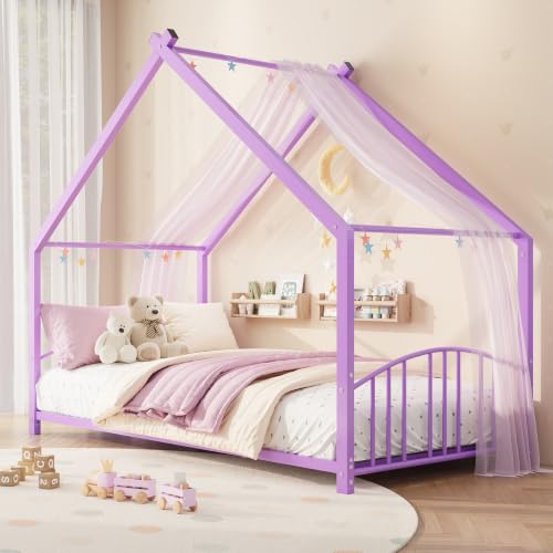 Image of Garvee Twin Size Metal House Bed Frame for Kids, Purple