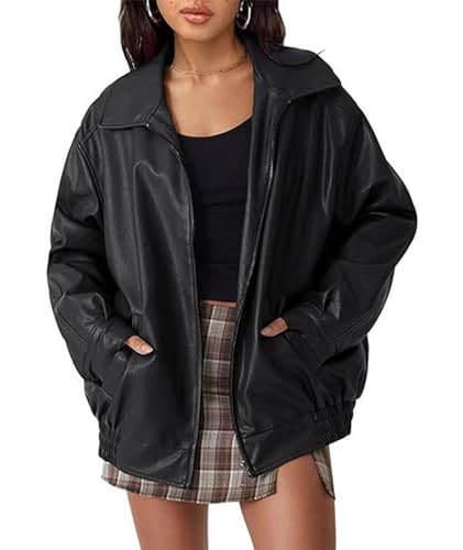 Sexyshine Women's Oversized Jackets PU Leather Leather Faux Motorcycle Plus Size Moto Biker Coat Fall Outfits