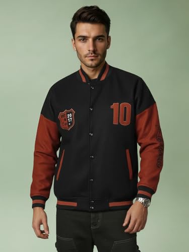 Image of CHKOKKO Men's Oversized Varsity Jacket with Snap Button Closure and Patch Design Trendy Comfortable Outerwear for College Travel and Casual Wear
