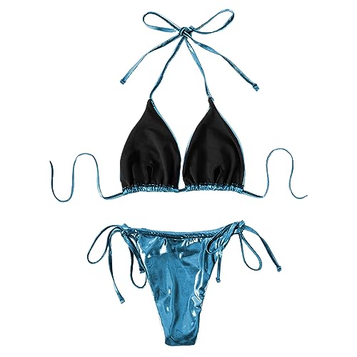 ZGMYC Women's 3 Piece Shiny Metallic Swimsuit Sexy Triangle Bikini Tie Side Thong Festival Outfit with Drawstring Mini Skirt4