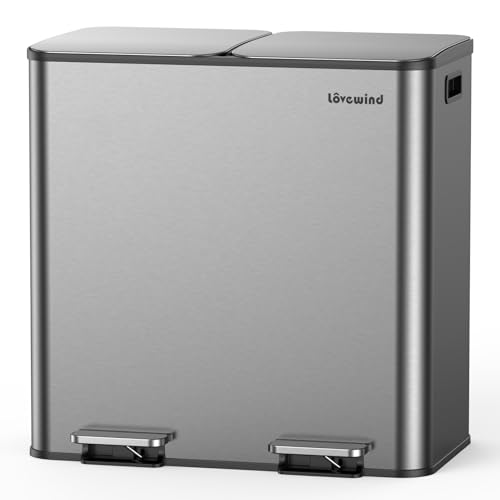 lovewind Mülleimer, 2 x 40L Mülleimer Küche, Doppeleimer für Recycling und Abfall, Silber, Mülleimer aus Edelstahl mit Deckel und Inneneimern, Großes Fassungsvermögen, Deckel mit Soft-Close-Funktion