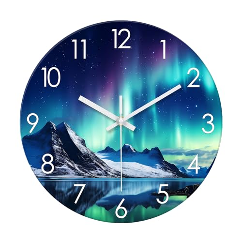 XNM Teal Glass Wall Clocks Battery Operated 12 Inch Aurora Modern Clock for Kitchen Living Room Glacier Lake Wall Clock Silent Non Ticking