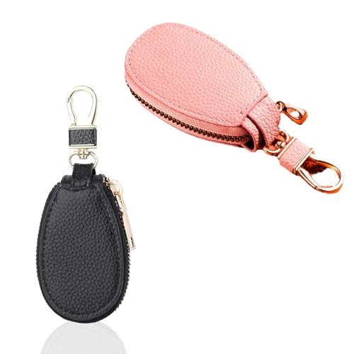 FISH DRAGATE 2 Funda para llave de coche,Estuches de Llave,llavero coche,con cremallera de metal,Aplicable a funda mando garaje,Bolso de Cuero para Llaves,estuche llaves,negro rosa