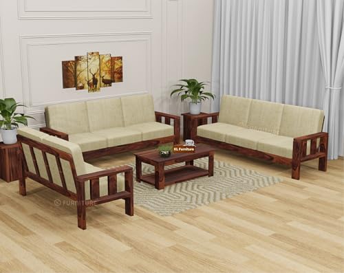 Image of KL Furniture Wooden 8 Seater Sofa Set for Living Room | Sheesham Wood Sofa Set 8 Seater for Home| Solid Wood Sofa Set (3+3+2 Natural Finish)