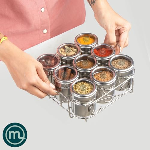 Image of Mishaa Steel Multipurpose Storage Containers - Perfect Organizer for Masala Spices, Herbs, Mouth Freshner, Dry Fruits, 130ml Each Airtight Containers with See-Through Lid (9IN1 SQUARE WIRESTAND)