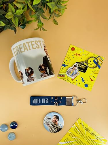 Image of SINCE 7 STORE Lionel Messi Gift box for Leo Fans, INCLUDES 4 products: 1 Messi Mug, 1 Keychain, 1 Keychain Lanyard & 1 badge