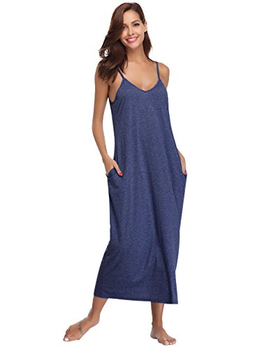 Aibrou Women's Cotton V Neck Long Nightgown Sleeveless Full Slip Night Dress Dark Blue