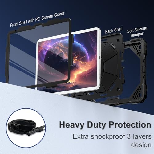 Image of Scnioy Case for iPad (A16) 11th Generation 11 Inch (2025) / iPad 10th Generation Case 10.9 Inch (2022) with 360 Rotating Stand Screen Protector Pen Holder Shoulder Strap, Black