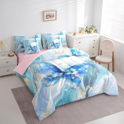 Image of Floral Marble Butterfly 7 Pieces Bedding Set Full Size,Blue Tie Dye Bed in a Bag,Elegant Marble Texture Bed Set Includes Comforter,Sheet Set,Pillowcases & Pillow Covers,Modern Aesthetic Bedroom Decor
