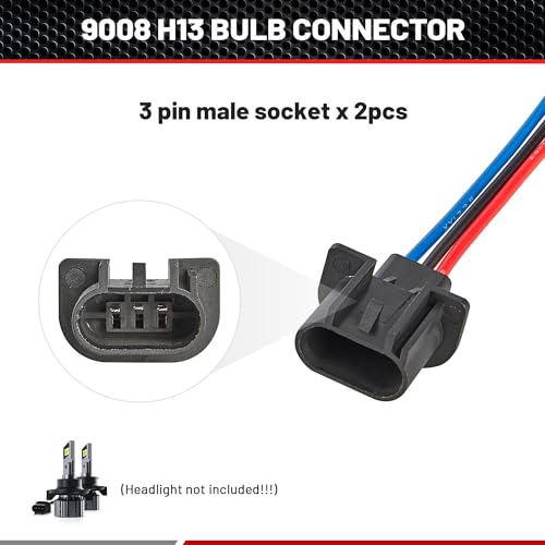 RED WOLF 9008 H13 Socket 3 PIN Male Wiring Socket H13LL Headlight Adapter Universal Fit for Ford Chevy Jeep Dodge Nissan Head Bulb Fog Light Wire Harness Headlamp Pigtail Connector 2 PCS