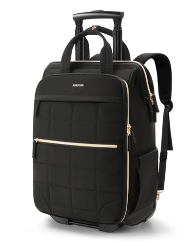 Rolling Puffer Backpack for Women, Wheeled Laptop Backpack, Short-Term Travel Backpack with Wheels, Roller Adults Work Computer Bag, Water Resistant Overnight College Underseat Carry on Luggage, Black