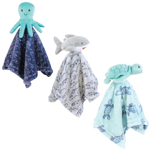 Image of Hudson Baby Unisex Baby Animal Face Security Blanket, Ocean Friends 3-Pack, One Size