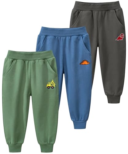 GFQLONG Jogginghose für Kleinkinder, Jungen, Baumwolle, 3er-Pack, Cartoon-Motiv, lässige Loungehose, Muldenkipper + Schwert-Drache + gehörnter Dinosaurier, 7-8 Jahre