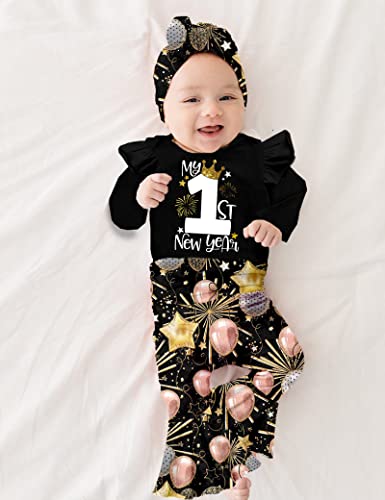 My First New Years Baby Girl Outfit 2025 Baby Girl Ruffle Romper Fireworks Flared Pants Headband 4 Pcs2