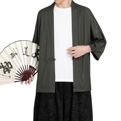Image of Mens Kimono Cardigan Cotton Linen Japanese Shirt 3 /4 Sleeve Haori Yukata | Skin-Friendly Solid Color Lightweight Shawl Collar Kimono Robe Embroidery Button Tie Pockets Happi Coat All Season Daily Wear