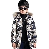  SXSHUN Niños Chaqueta de Moda Estampado Camuflaje de Invierno Abrigo Acolchado con Capucha de Pelo, Gris, 15-16 años (Etiqueta: 170cm)