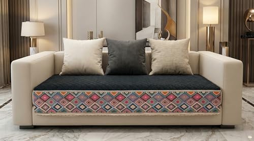 Image of Velvet Quilted Sofa Cover Mat Seat & Back, 3+1+1 Set, Total L115in H32in (3+1+1), Black Color,Anti Skid Backing, 6in Hanging Strap Design, Washable Soft, A, Style -Black-S311