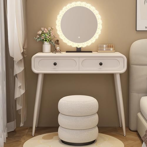 Moderno juego de tocador con taburete de maquillaje con 2 cajones y luces LED, de madera blanca, 80 cm, estación de belleza para uso doméstico