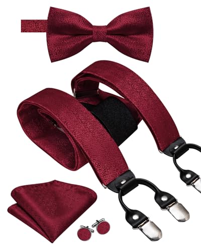 Image of Dubulle Suspender and Bow Tie for Men Paisley Solid Mens Suit Braces Pretied Bowtie and Handkerchief Cufflinks Formal Wedding