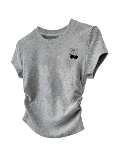 OYOANGLE Girl's Cherry Graphic Tees Cute Short Sleeve Crew Neck Side Ruched T Shirts