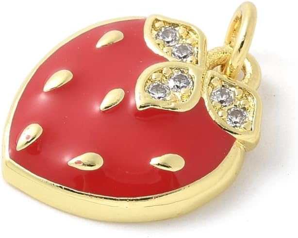 Ornazy 10個 19.5x13.5mm フラットエナメルストロベリーチャーム リーフ付き キュービックジルコニア フルーツフー