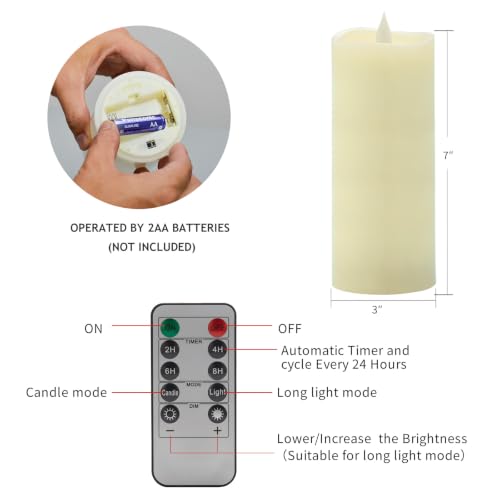 Image of Flameless LED Candles 3 inchx7 inch Set of 2, Battery Operated with Remote & Timer, 600-Hour on 2 AA Batteries, Flickering Realistic Flame, Ivory for Indoor /Outdoor