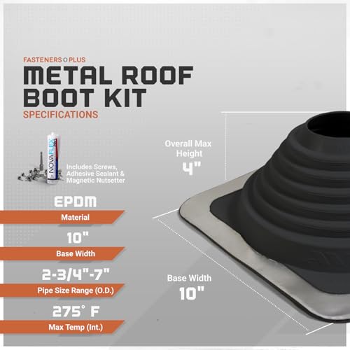 Image of #4 Square EPDM Metal Roof Pipe Flashing Boot with Complete Install Kit (Fits 2-3 /4 inch - 7 inch Pipe OD), Black