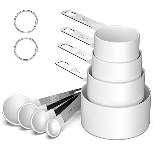Measuring Cups and Spoons Set 8 Piece Stackable Stainless Steel Handle Accurate Tablespoon for Measuring Dry and Liquid Ingredients Small Teaspoon with Plastic Head 8 White