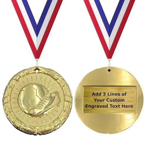 Express Medals Pack of 1 (or More) Personailzed 2 Inch Gold Silver or Bronze Soccer Award Medals with 3 Lines of Custom Text on Attached Plate and Red White & Blue Neck Ribbon.