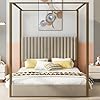 Queen Size Metal Canopy Bed Frame with Tall Upholstered Headboard, Metal 4-Poster Bed Canopy Platform Bed Frame, No Box Spring Needed, Beige