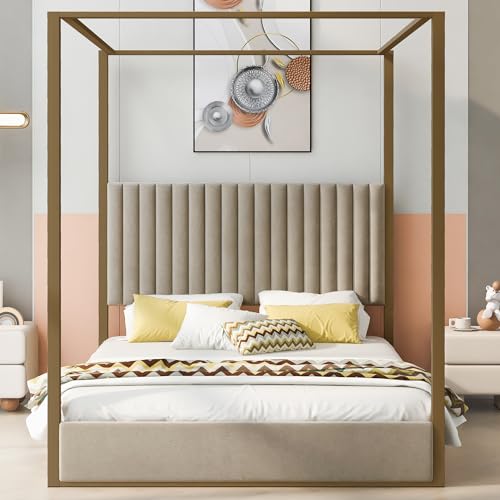 LUMISOL Canopy Bed Frame Queen Size, Upholstered Canopy Platform Bed with Upholstered Headboard, Morden Metal Low Profile Platform Beds with Wooden Slats Support, Beige