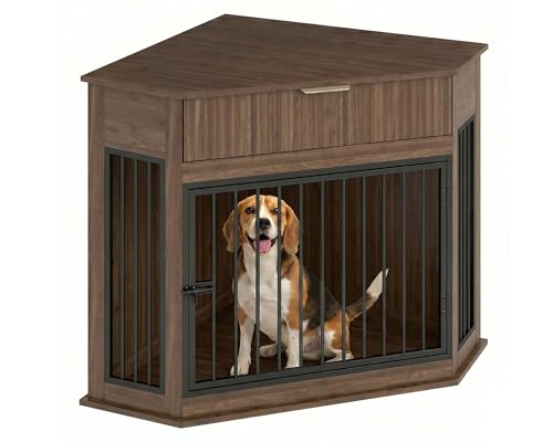 Yafylly Corner Dog Crate Furniture 44.6 Furniture Style Corner Dog Crate with Fluted Drawer Wooden Dog Kennel End Table for Small Medium Dogs Dog Cage TV Stand Brown