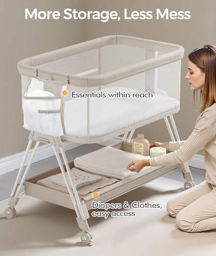 Image of Fodoss Baby Bassinets Bedside Sleeper - Bed Side Bassinet Newborn with Wheels, Storage Tray, 4-Sided Mesh, 7 Height Adjustable, Beige