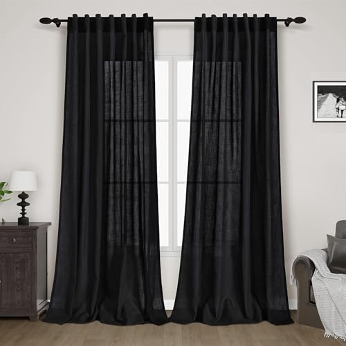 Image of Solid Black Curtains 96 Inches Long 2 Panel Set Back Tab Sheer Black Linen Curtain Modern Farmhouse Muslin Look Cotton Textured Gauze Curtains 96 inch Length for Patio Sliding Door Office Bedroom