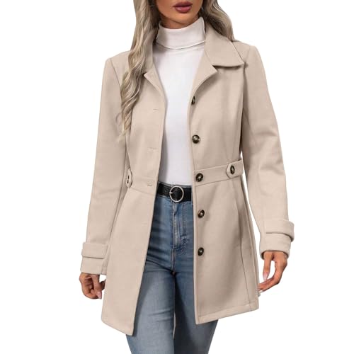 WZMYDBD Mantel Damen Lang Trenchcoat Elegant Wollmantel Einfarbig Wintermantel mit Knöpfen Revers Windjacke Outdoor Warm Strickjacke Herbstmantel Winter Windjacke Dicke...