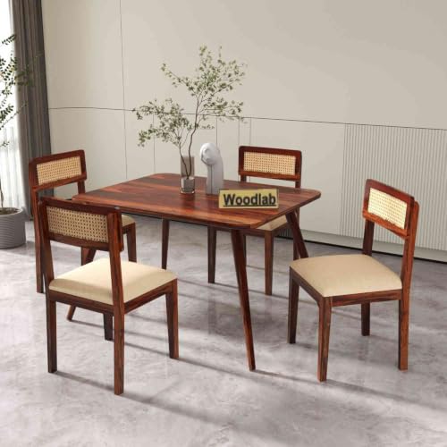 Image of WOODLAB Solid Sheesham Wood 4 Seater Dining Table Set | Wooden Four Seater Dining Table with Cushioned Cane Back Chairs Furniture for Living Room, Home, Hotel and Restaurants - Natural Finish