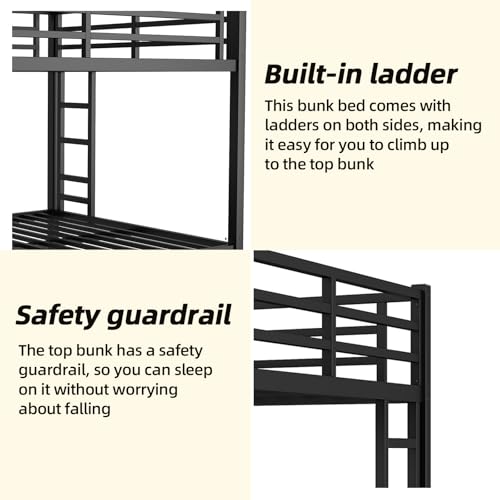 XUWANSHANG Queen Over Queen Bunk Bed Frame, Heavy Duty Metal Loft Bed for Adults/Teens, 400/600LB Capacity w/Ladder & Guardrail, Noise-Free Steel Slats, No Box Spring Required, Black