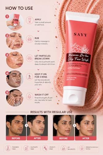 Image of SAYY Moroccan De-Tan Clay Face Wash, Tan Removal, Deep Cleansing and Skin Brightening, with Aloe Vera Extract, for All Skin Types