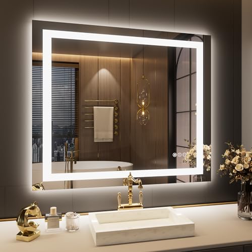 Image of LOAAO 40 inchx34 inch LED Bathroom Mirror with Lights, Anti-Fog, Dimmable, Backlit + Front Lit, Lighted Bathroom Vanity Mirror for Wall, Memory Function