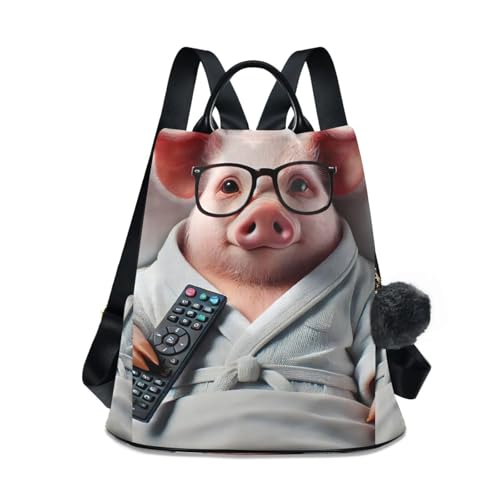 Sac à dos antivol cochon amusant femme avec fermeture zippée sécurisée et pompon