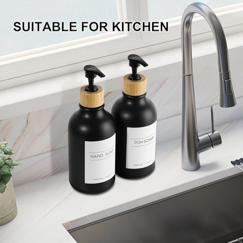KASUNTING Hand Soap Dispenser Bathroom, Black Dish Soap Dispenser for Kitchen, 17 Fl Oz Plastic Hand and Dish Soap Dispensers Set with Bamboo Pump, 2 Pack Refillable Liquid Lotion Containers Bottle - Thumbnail 6
