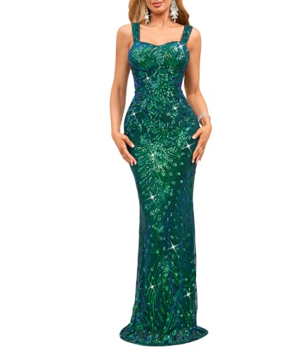 Image of dasmzper Women's Sequin Evening Gown - Elegant Sleeveless V Neck Mermaid Formal Maxi Dress for Wedding, Prom or Party