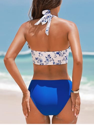 CUPSHE Women's Bikini Sets Two Piece Swimsuit High Waisted Halter Back Self Tie V Neck Textured Hollow Out2