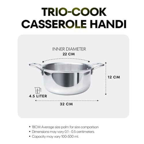 Image of Trio-Cook Triply Stainless Steel Saucepot | Casserole | Biryani Handi with Lid (22cm | 4.5Liter)