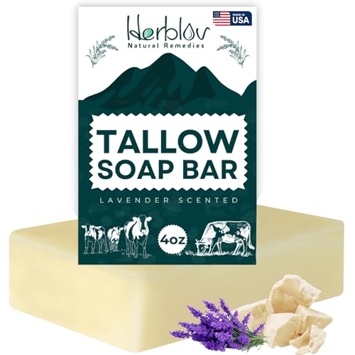 Beef Tallow Soap Bar All Natural Grass Fed Tallow Soap Lavender Moisturizing Face & Body Wash Great for Eczema Dry Itchy Sensitive Skin Handcrafted Bath Soap for Adults Kids Made in USA