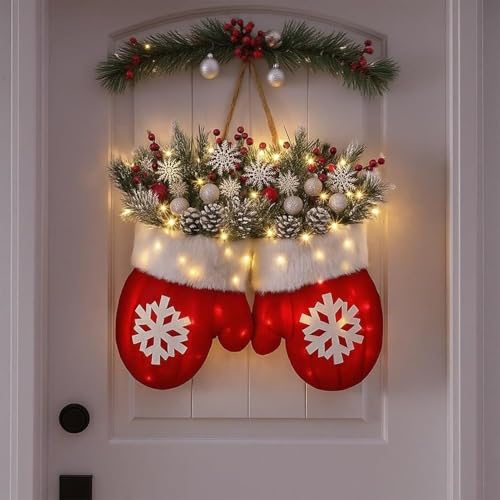 Twinkling Christmas Mitten Wreath With LED Lights & Red Berries Pine Cones Branches, ChristmasLighted Wreath For Front Door, Artificial Garland, Christmass Balls Hanging For Party Wall Decoration