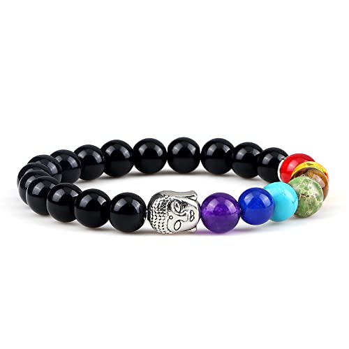 Bracelet 7 chakra en œil de tigre et lave noire pour homme et femme