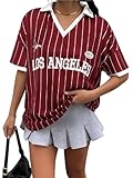 SOFIA'S CHOICE Women's Oversized Rugby Shirt Graphic Tees Vintage Striped Polo Shirts Burgundy Large